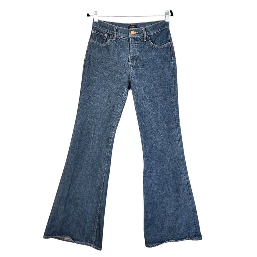 Express‎ Womens 70s Flare Mid Rise Jeans Size 4 Blue Nap Denim Seam Back Stretch